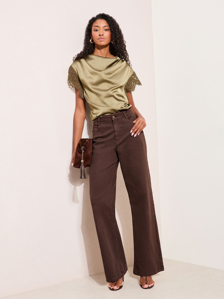 أخضر زيتوني - Friends Like These Lace Sleeve Satin Blouse With Waist Ties - Image 4 of 4