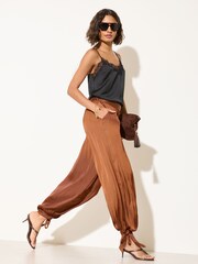 Friends Like These Rust Brown Satin Tie Balloon Trousers - Image 1 of 4
