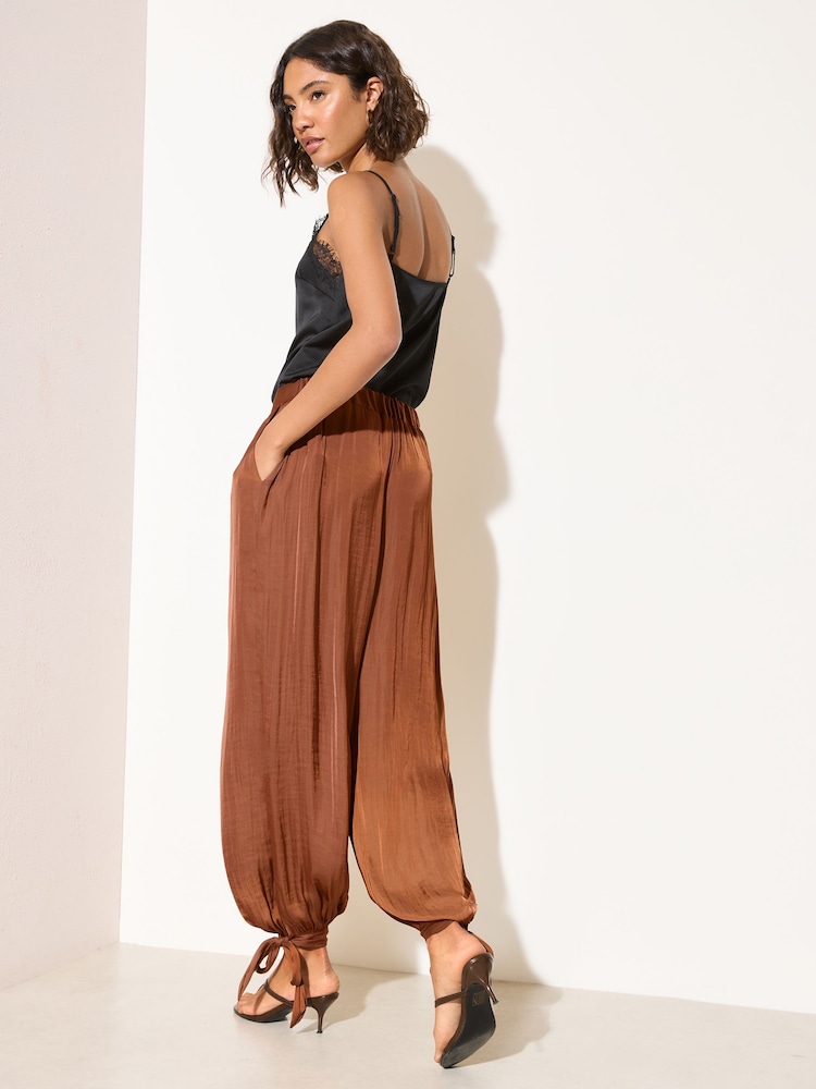 Friends Like These Rust Brown Satin Tie Balloon Trousers - Image 4 of 4