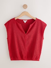Red Short Sleeve Texture Notch Neck Top - Image 1 of 3