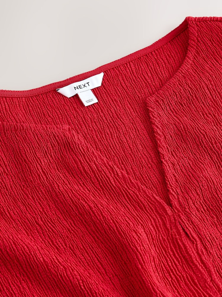 Red Short Sleeve Texture Notch Neck Top - Image 3 of 3 Red Short Sleeve Texture Notch Neck Top - Image 3 of 3