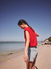 Red Short Sleeve Texture Notch Neck Top - Image 4 of 8