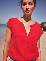 Red Short Sleeve Texture Notch Neck Top - Image 5 of 8