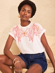 Love & Roses Ivory Neon Dragonfly Embroidered Crew Neck Jersey T-Shirt - Image 1 of 4