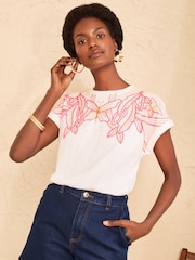 Love & Roses Ivory Neon Dragonfly Embroidered Crew Neck Jersey T-Shirt - Image 4 of 4