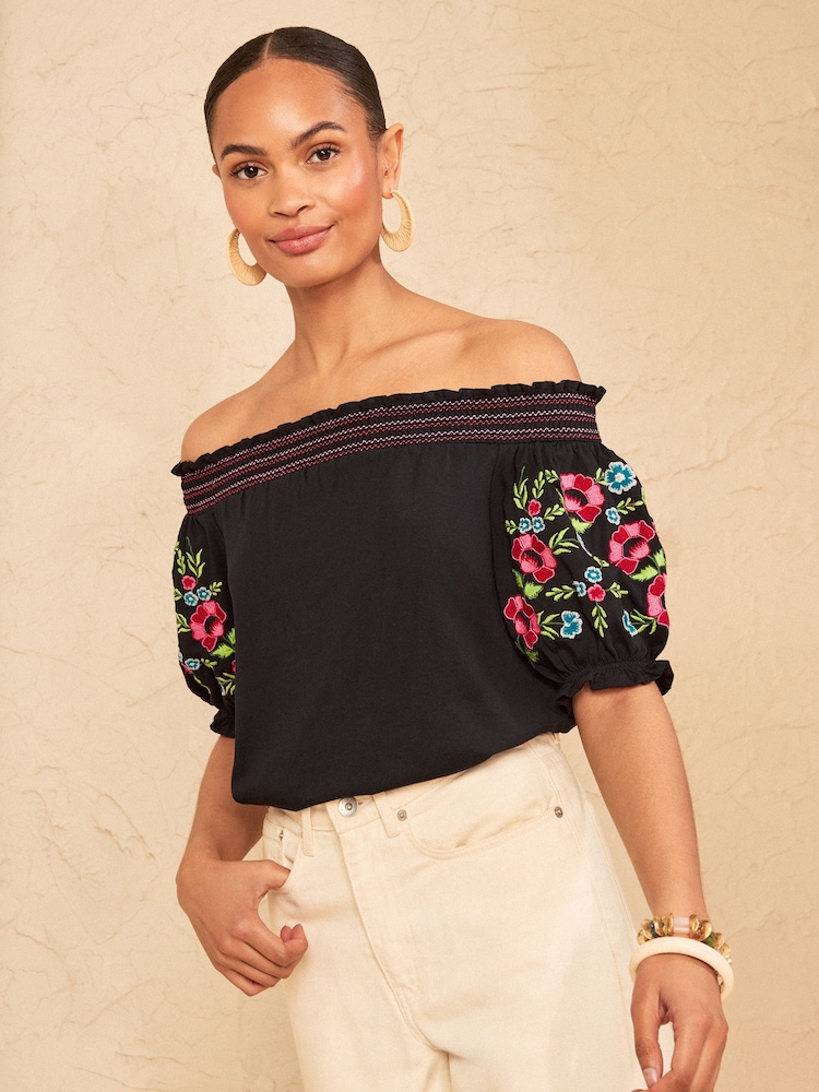 Love & Roses Black Embroided Bardot Top - Image 1 of 4