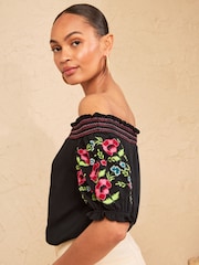 Love & Roses Black Embroided Bardot Top - Image 2 of 4
