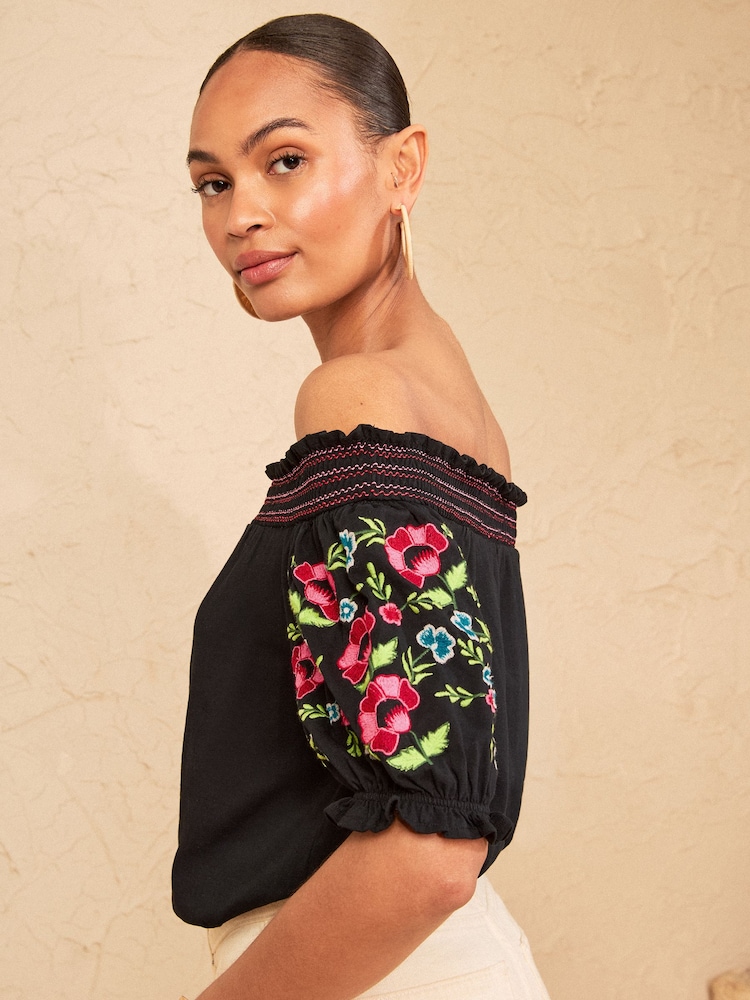 Love & Roses Black Embroided Bardot Top - Image 2 of 4