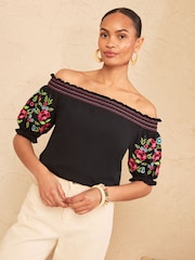 Love & Roses Black Embroided Bardot Top - Image 4 of 4