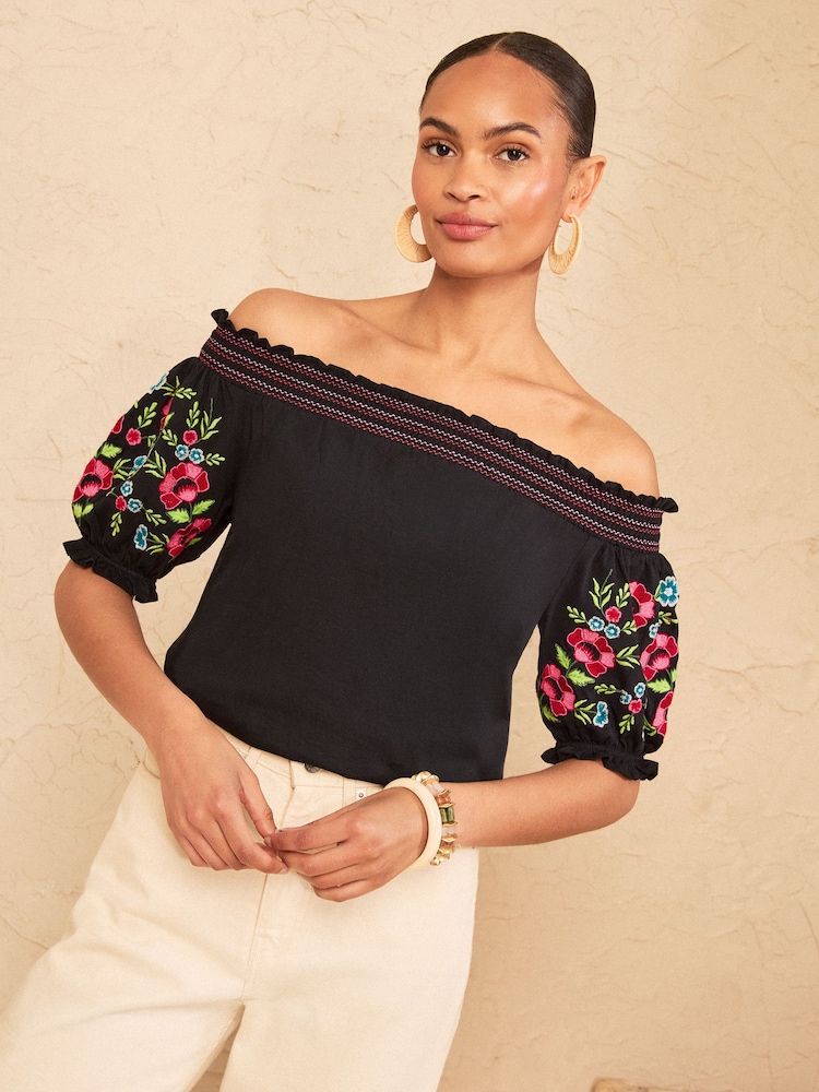 Love & Roses Black Embroided Bardot Top - Image 4 of 4