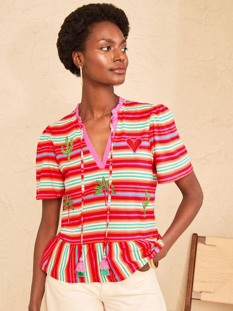 Love & Roses Multicoloured Stripe Embroided Flutter Sleeve Top - Image 1 of 4 Love & Roses Multicoloured Stripe Embroided Flutter Sleeve Top - Image 1 of 4