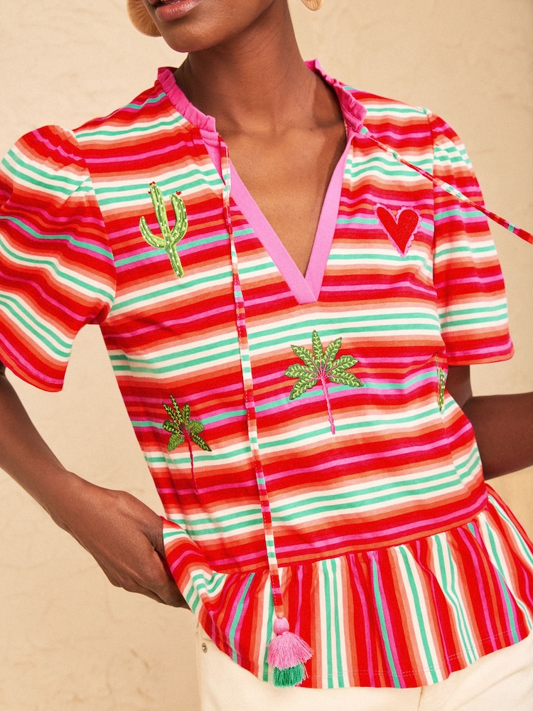 Love & Roses Multicoloured Stripe Embroided Flutter Sleeve Top - Image 2 of 4 Love & Roses Multicoloured Stripe Embroided Flutter Sleeve Top - Image 2 of 4