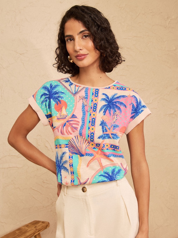 Love & Roses Pink Starfish Pam Print Crew Neck Jersey T-Shirt - Image 1 of 5