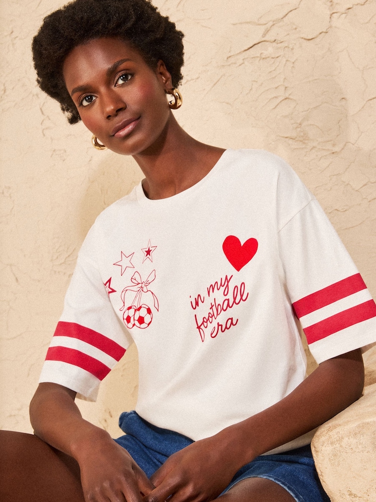 Love & Roses Ivory Football Slogan Printed Crew Neck Boxy T-Shirt - Image 1 of 4
