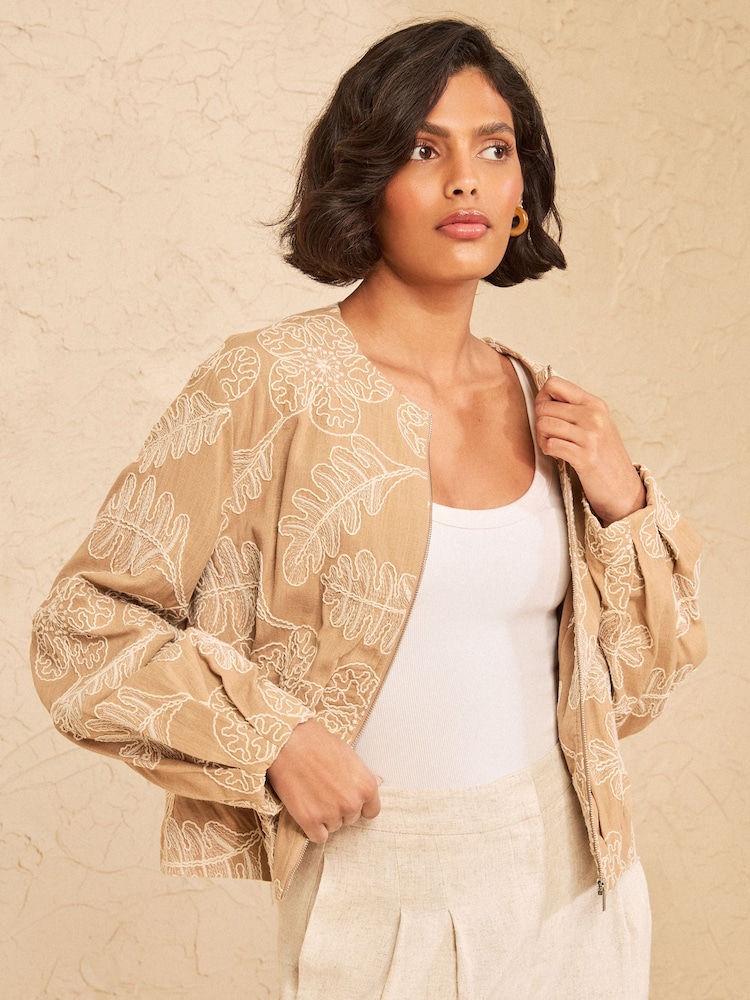 Love & Roses Beige Linen Look Floral Cornelli Embroidered Jacket - Image 1 of 5