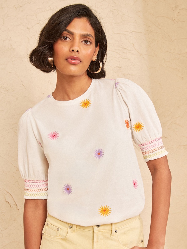 Love & Roses Ivory Rainbow Sun Embrodiered Short Sleeve Jersey Top - Image 1 of 4 Love & Roses Ivory Rainbow Sun Embrodiered Short Sleeve Jersey Top - Image 1 of 4