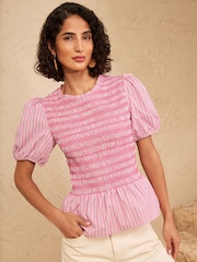 Love & Roses Pink Stripe Shirred Top - Image 1 of 4