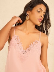 Ροζ - Love & Roses Δαντελένιο Σατέν Φανελάκι με Λαιμόκοψη V και Λεπτομέρειες - Εικόνα 2 από 4