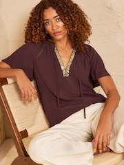 Love & Roses Chocolate Brown Petite Sequin Trim V-Neck Short Sleeve Blouse - Image 1 of 4