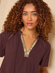 Love & Roses Chocolate Brown Petite Sequin Trim V-Neck Short Sleeve Blouse - Image 2 of 4