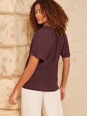 Love & Roses Chocolate Brown Petite Sequin Trim V-Neck Short Sleeve Blouse - Image 4 of 4