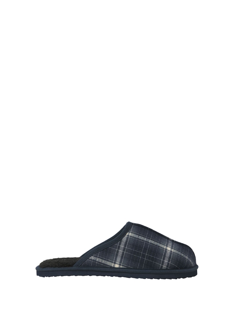 JACK & JONES Blue Check Fleece Lined Mule Slippers - Image 1 of 7