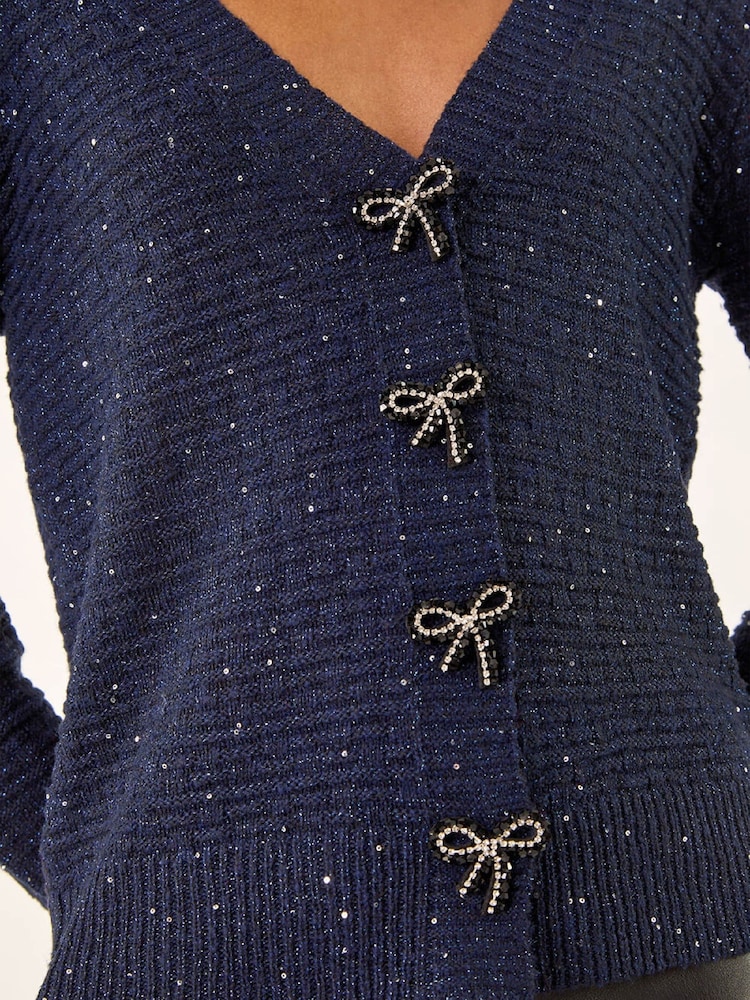 Roman Blue Bow Embellished Sequin Knit Cardigan - Image 5 of 5 Roman Blue Bow Embellished Sequin Knit Cardigan - Image 5 of 5
