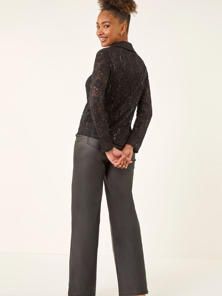 Roman Black Sequin Lace Collared Blouse - Image 2 of 5 Roman Black Sequin Lace Collared Blouse - Image 2 of 5