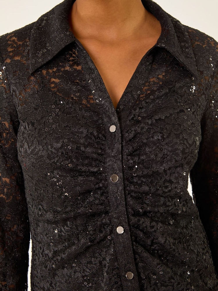 Roman Black Sequin Lace Collared Blouse - Image 5 of 5 Roman Black Sequin Lace Collared Blouse - Image 5 of 5