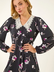 Roman Black Lace Collar Floral Print Midi Dress - Image 3 of 5