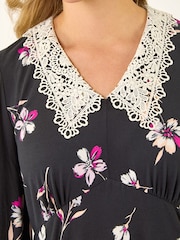 Roman Black Lace Collar Floral Print Midi Dress - Image 4 of 5