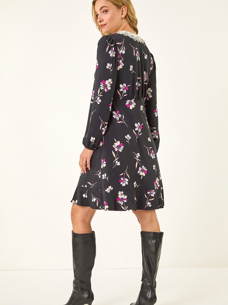Roman Black Lace Collar Floral Print Midi Dress - Image 5 of 5