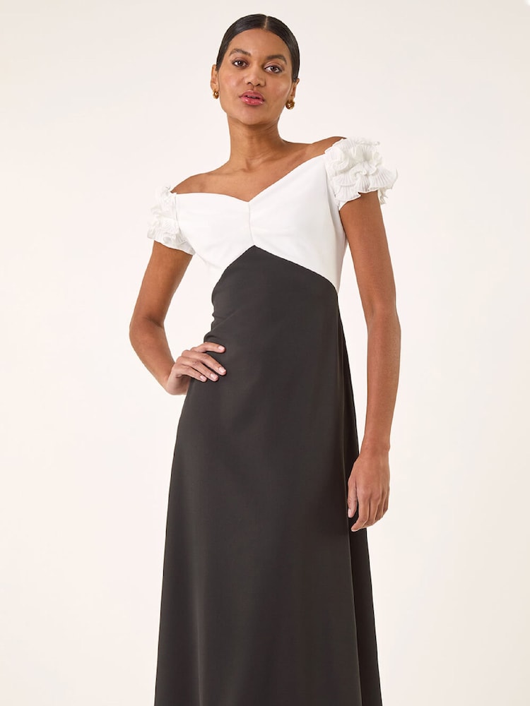 Roman Black Frill Contrast Bardot Dress - Image 2 of 5 Roman Black Frill Contrast Bardot Dress - Image 2 of 5
