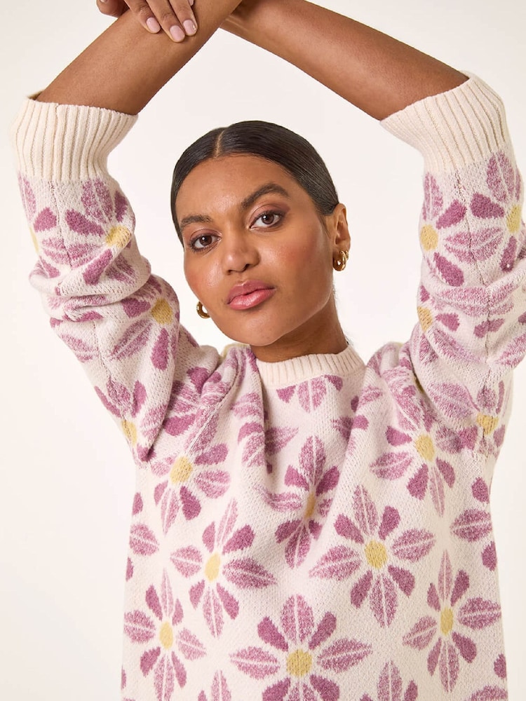Roman White Floral Crew Neck Knit Jumper - Image 1 of 5 Roman White Floral Crew Neck Knit Jumper - Image 1 of 5