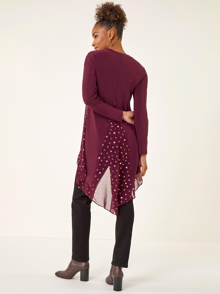 Roman Red Foil Spot Print Chiffon Hem Tunic Top - Image 1 of 5 Roman Red Foil Spot Print Chiffon Hem Tunic Top - Image 1 of 5