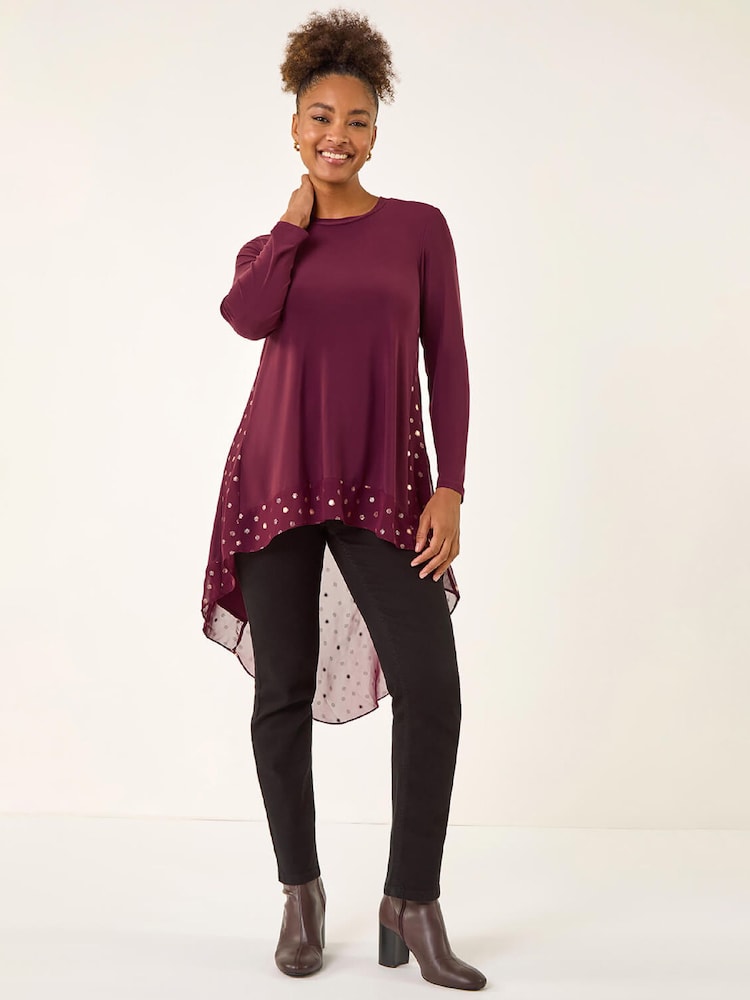 Roman Red Foil Spot Print Chiffon Hem Tunic Top - Image 2 of 5 Roman Red Foil Spot Print Chiffon Hem Tunic Top - Image 2 of 5