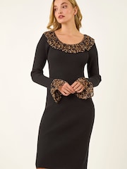 Трикотажное платье миди с леопардовым принтом и оборками Roman - Изображение 2 5