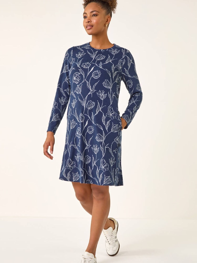 Roman Blue Floral Print Side Button Stretch Dress - Image 1 of 5 Roman Blue Floral Print Side Button Stretch Dress - Image 1 of 5