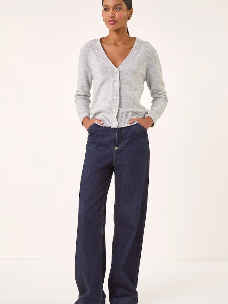 Roman Grey Sequin V-Neck Buttoned Cardigan - Image 2 of 5 Roman Grey Sequin V-Neck Buttoned Cardigan - Image 2 of 5