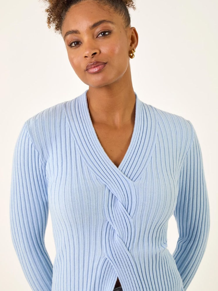 Roman Blue Cable Split Detail Rib Jumper - Image 1 of 5 Roman Blue Cable Split Detail Rib Jumper - Image 1 of 5