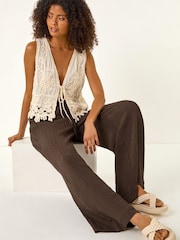Roman Brown Textured Elastic Waist Trousers - Image 1 of 5