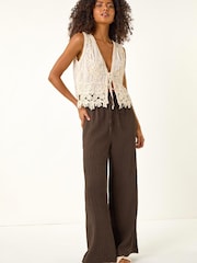 Roman Brown Textured Elastic Waist Trousers - Image 2 of 5