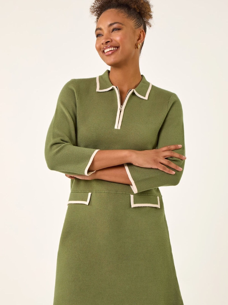 Roman Green Contrast Zip Collared Knit Dress - Image 1 of 5 Roman Green Contrast Zip Collared Knit Dress - Image 1 of 5