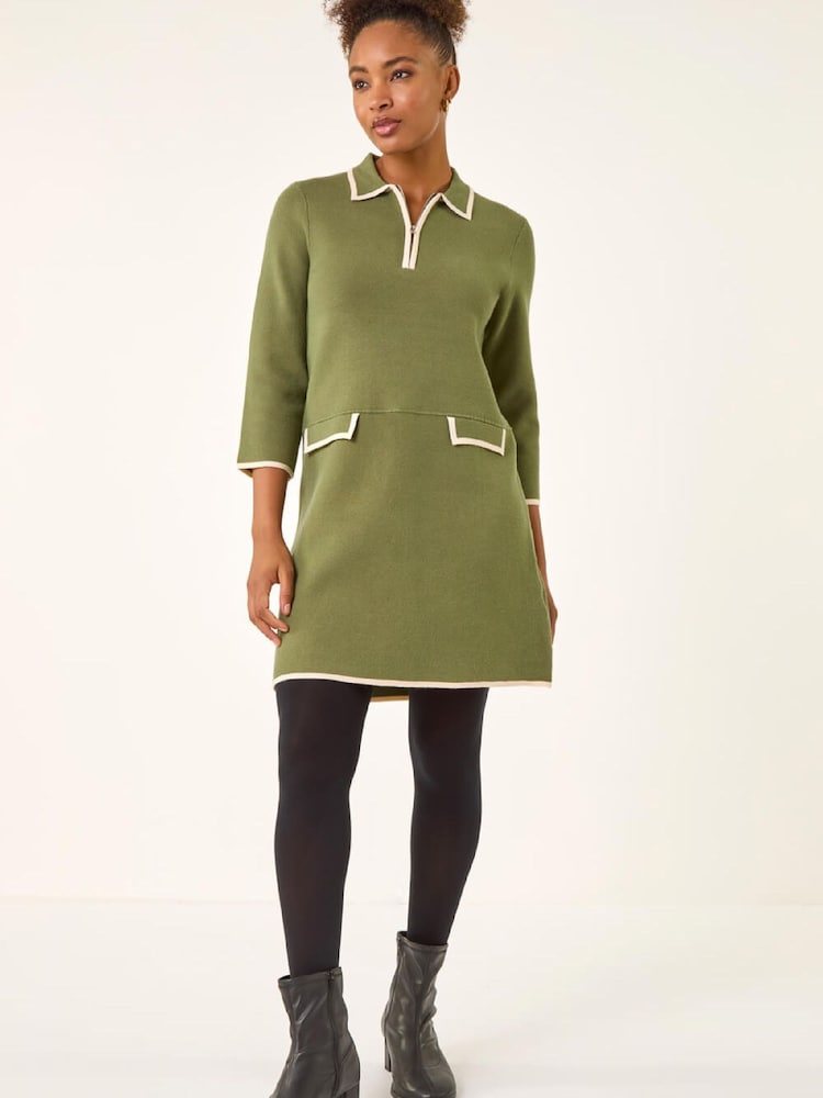 Roman Green Contrast Zip Collared Knit Dress - Image 2 of 5 Roman Green Contrast Zip Collared Knit Dress - Image 2 of 5