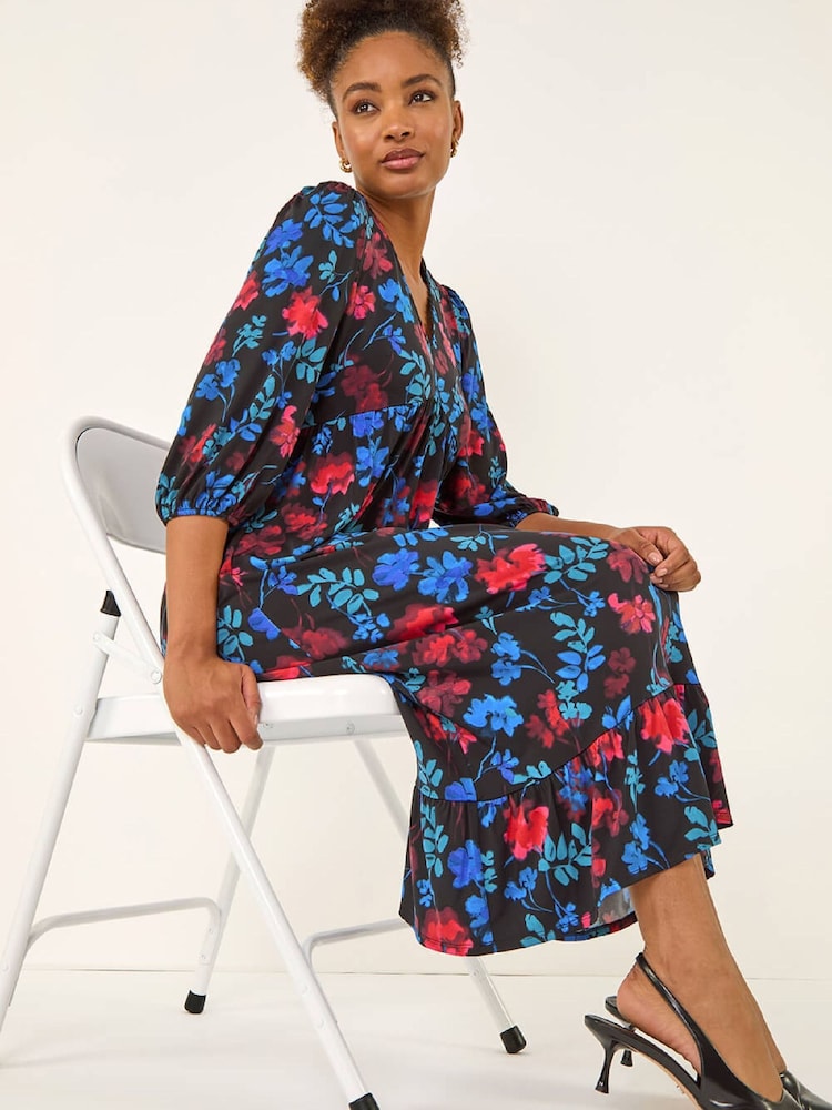 Roman Blue Floral Print Lace Trim Midi Dress - Image 1 of 5 Roman Blue Floral Print Lace Trim Midi Dress - Image 1 of 5