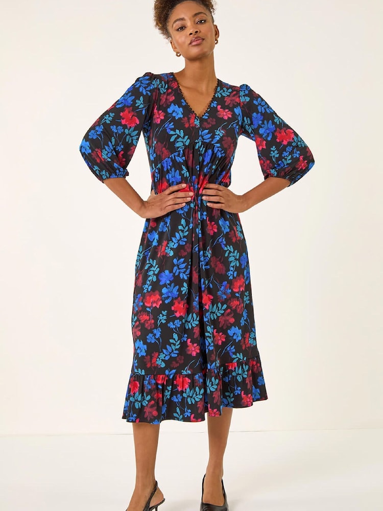Roman Blue Floral Print Lace Trim Midi Dress - Image 2 of 5 Roman Blue Floral Print Lace Trim Midi Dress - Image 2 of 5