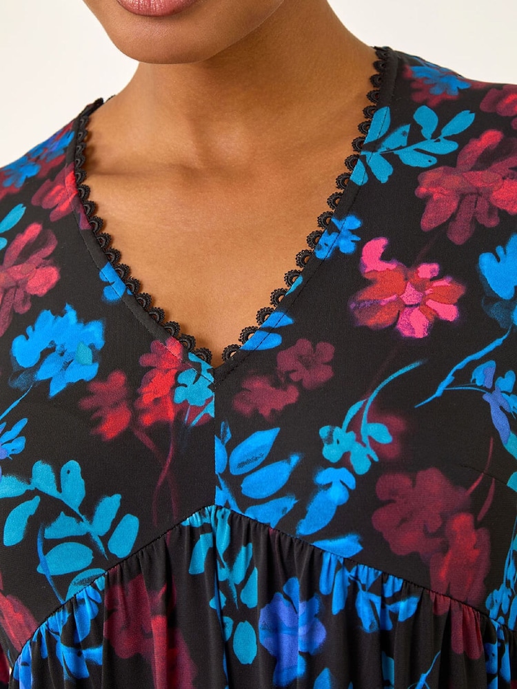 Roman Blue Floral Print Lace Trim Midi Dress - Image 5 of 5 Roman Blue Floral Print Lace Trim Midi Dress - Image 5 of 5