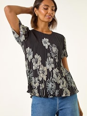 Roman Black Floral Print Pleated Short Sleeve Shirt - Image 1 of 5