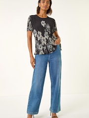 Roman Black Floral Print Pleated Short Sleeve Shirt - Image 2 of 5