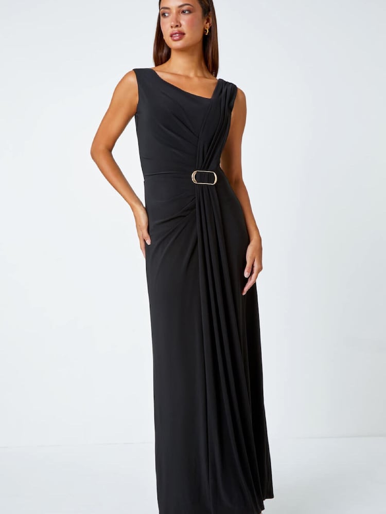 Roman Black Draped Buckle Detail Maxi Dress - Image 1 of 5 Roman Black Draped Buckle Detail Maxi Dress - Image 1 of 5